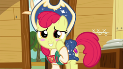 Size: 1280x720 | Tagged: safe, screencap, apple bloom, earth pony, pony, g4, on your marks, season 6, adorabloom, blushing, clubhouse, cowgirl, crusaders clubhouse, cute, cutie mark, female, filly, implied scootaloo, implied sweetie belle, solo, we already got our mark