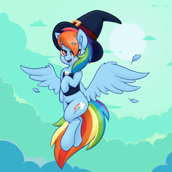 Size: 4000x4000 | Tagged: safe, artist:yelowcrom, rainbow dash, pegasus, pony, g4, adorasexy, beanbrows, blushing, clothes, cloud, cute, dashabetes, ear fluff, eyebrows, eyebrows visible through hair, feather, female, hat, mare, moon, solo, wings, witch hat
