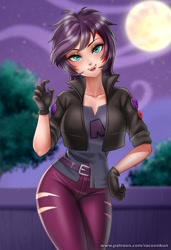 Size: 888x1300 | Tagged: safe, artist:racoonsan, sunset shimmer, vampire, costume conundrum, equestria girls, equestria girls series, spoiler:eqg series (season 2), breasts, busty sunset shimmer, clothes, costume, fangs, female, gloves, halloween, halloween costume, holiday, human coloration, looking at you, pants, ripped pants, smiling, solo, torn clothes, vampire shimmer, wig