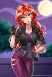 Size: 888x1300 | Tagged: safe, alternate version, artist:racoonsan, sunset shimmer, vampire, costume conundrum, equestria girls, equestria girls series, spoiler:eqg series (season 2), breasts, busty sunset shimmer, clothes, costume, female, gloves, halloween, halloween costume, holiday, human coloration, looking at you, pants, ripped pants, smiling, solo, torn clothes