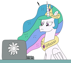 Size: 2746x2448 | Tagged: safe, artist:supahdonarudo, princess celestia, alicorn, pony, g4, annoyed, celestia is not amused, computer, high res, laptop computer, looking at something, simple background, transparent background, unamused, vent art