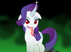 Size: 3214x2334 | Tagged: safe, artist:badumsquish, derpibooru exclusive, rarity, sprout cloverleaf, pony, unicorn, g4, g5, my little pony: a new generation, spoiler:my little pony: a new generation, electricity, evil rarity, female, forked tongue, grin, high res, horn, horn blade, long tongue, looking at you, possessed, prologue, pure unfiltered evil, red eyes, sharp teeth, show accurate, smiling, smirk, solo, sproutity, teeth, tongue out