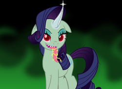 Size: 3214x2334 | Tagged: safe, alternate version, artist:badumsquish, derpibooru exclusive, rarity, sprout cloverleaf, pony, unicorn, g4, g5, my little pony: a new generation, spoiler:my little pony: a new generation, alternate color palette, electricity, evil rarity, female, forked tongue, green coat, grin, high res, horn, horn blade, long tongue, looking at you, possessed, prologue, pure unfiltered evil, red eyes, sharp teeth, show accurate, smiling, smirk, solo, sproutity, teeth, tongue out