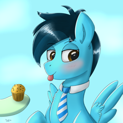 Size: 3000x3000 | Tagged: safe, artist:mrcelroy, oc, oc only, oc:mrcelroy, oc:yakashi, pegasus, pony, blushing, bust, cloud, food, high res, hooves, muffin, necktie, portrait, solo, tongue out, wings