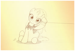 Size: 1789x1213 | Tagged: safe, artist:sherwoodwhisper, oc, oc:eri, pony, unicorn, cape, clothes, cute, female, filly, inktober, inktober 2021, monochrome, paper cup, phone, string, tin can telephone