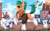 Size: 1925x1200 | Tagged: safe, artist:brainiac, cloudpuff, hitch trailblazer, kenneth, steven, bird, earth pony, pony, rabbit, g5, my little pony: a new generation, animal, clothes, critter magnet, dancing, digital art, digital painting, fake horn, link in description, male, stallion, tiktok, time-lapse included, unshorn fetlocks