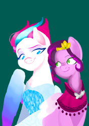 Size: 2039x2893 | Tagged: safe, artist:crystal62829002, pipp petals, zipp storm, pegasus, pony, g5, my little pony: a new generation, adorapipp, adorazipp, anna, clothes, cosplay, costume, cute, disney, duo, elsa, female, frozen (movie), green background, high res, royal sisters (g5), siblings, simple background, sisters