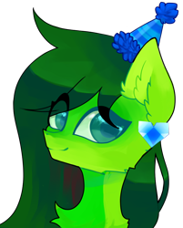 Size: 804x998 | Tagged: safe, artist:minty--fresh, oc, oc only, pony, big eyelashes, big eyes, chest fluff, cute, ear fluff, female, green eyes, green mane, hat, pfp, piercing, simple background, solo, transparent background