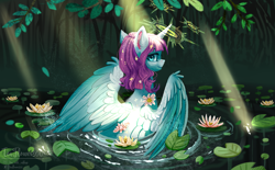 Size: 2727x1689 | Tagged: safe, artist:teaflower300, oc, oc only, alicorn, pony, g4, alicorn oc, blue coat, blue eyes, cottagecore, crepuscular rays, ears back, featured image, flower, flower in hair, forest, full color, halo, horn, lilypad, looking at you, looking back, looking back at you, outdoors, partially open wings, pond, purple mane, smiling, smiling at you, solo, water, wings