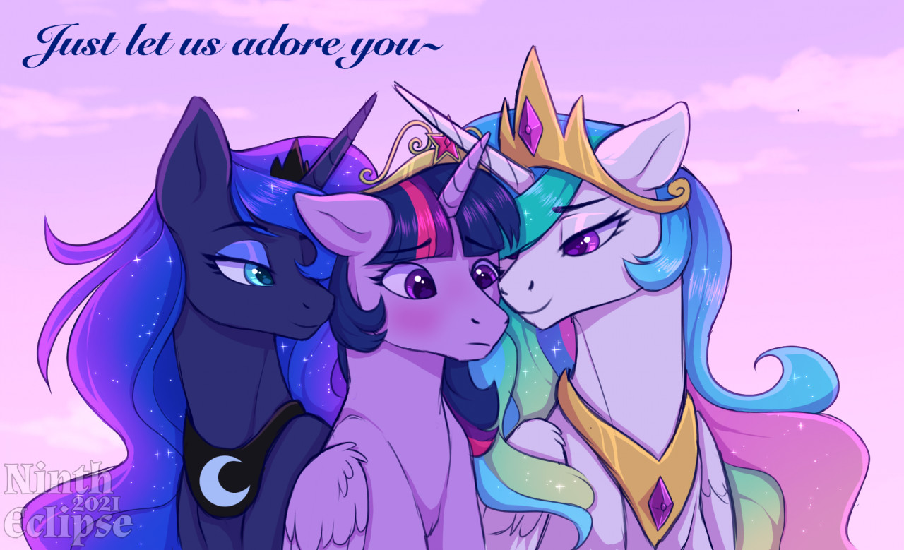 2733046 - safe, artist:nintheclipse, princess celestia, princess luna,  twilight sparkle, alicorn, pony, g4, bedroom eyes, blushing, crossed horns,  crown, female, hair over one eye, horn, horns are touching, jewelry,  lesbian, looking at