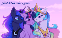 Size: 1280x779 | Tagged: safe, artist:nintheclipse, princess celestia, princess luna, twilight sparkle, alicorn, pony, g4, spoiler:steven universe: the movie, bedroom eyes, blushing, crossed horns, crown, female, hair over one eye, horn, horns are touching, jewelry, lesbian, looking at someone, mare, movie reference, personal space invasion, peytral, polyamory, regalia, ship:twilestia, ship:twiluna, ship:twilunestia, shipping, smiling, song reference, spoilers for another series, steven universe, steven universe: the movie, trio, trio female, twilight sparkle (alicorn)