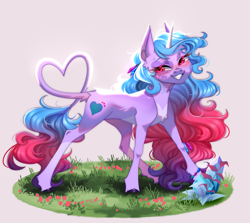 Size: 2808x2500 | Tagged: safe, artist:ohhoneybee, izzy moonbow, classical unicorn, pony, unicorn, g5, my little pony: a new generation, alternate design, blushing, cloven hooves, colored eyebrows, ear fluff, facial markings, female, grass, grin, heart tail, high res, horn, leaf, leonine tail, mare, pale belly, plant, smiling, solo, tail, unshorn fetlocks