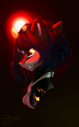 Size: 1256x2007 | Tagged: safe, artist:teaflower300, oc, oc only, pony, black sclera, bust, fangs, frown, glowing, glowing eyes, horns, looking at you, solo