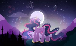 Size: 2526x1545 | Tagged: safe, artist:cinnamontee, twilight sparkle, alicorn, pony, g4, canterlot, cloud, constellation, crown, hoof shoes, immortality blues, jewelry, moon, night, regalia, solo, stars, twilight sparkle (alicorn), twilight will outlive her friends