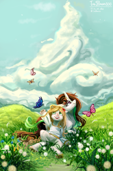 Size: 2580x3903 | Tagged: safe, artist:teaflower300, oc, oc only, oc:tia flower, butterfly, pony, unicorn, clothes, cloud, curved horn, field, flower, flower in hair, grass, high res, horn, smiling, sweater, underhoof