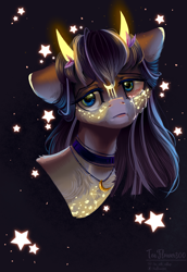 Size: 1805x2620 | Tagged: safe, artist:teaflower300, oc, oc only, pony, bust, constellation, crying, frown, horns, lidded eyes, sad, solo, stars, teary eyes