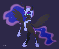 Size: 1119x932 | Tagged: safe, artist:sion, nightmare moon, alicorn, pony, g4, belly, female, mare, ponytober, purple background, rearing, simple background, solo, spread wings, wings