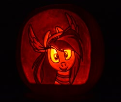 Size: 1873x1583 | Tagged: safe, artist:archiveit1, oc, oc only, oc:athena (shawn keller), pony, guardians of pondonia, carving, craft, cute, halloween, holiday, irl, jack-o-lantern, looking at you, photo, pumpkin, pumpkin carving, shawn keller, smiling, solo, traditional art