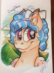 Size: 720x960 | Tagged: safe, artist:milledpurple, cozy glow, pegasus, pony, g4, ear fluff, eyelashes, female, filly, freckles, heart eyes, outdoors, signature, smiling, traditional art, wingding eyes, wings