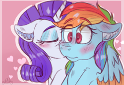 Size: 1230x840 | Tagged: safe, artist:milledpurple, rainbow dash, rarity, pegasus, pony, unicorn, g4, blushing, cheek kiss, colored wings, ear fluff, eye clipping through hair, eyelashes, eyes closed, female, horn, kissing, lesbian, makeup, mare, ship:raridash, shipping, signature, two toned wings, wide eyes, wings