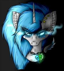Size: 1543x1729 | Tagged: safe, artist:beamybutt, oc, oc only, oc:moonbeam, pony, unicorn, black background, bust, chains, ear fluff, ear piercing, eyelashes, female, horn, jewelry, mare, necklace, piercing, simple background, solo, unicorn oc