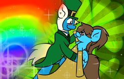 Size: 1000x638 | Tagged: safe, artist:tranzmuteproductions, oc, oc only, oc:finn the pony, earth pony, pony, semi-anthro, arm hooves, blushing, clothes, dancing, dress, evening gloves, female, gloves, hat, holiday, long gloves, male, rainbow, saint patrick's day, smiling, top hat