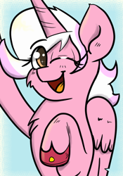 Size: 700x1000 | Tagged: safe, artist:tranzmuteproductions, oc, oc only, oc:mary sue, alicorn, pony, :d, alicorn oc, bust, chest fluff, cute, eyelashes, female, hoof shoes, horn, mare, ocbetes, open mouth, open smile, smiling, solo, wings