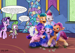 Size: 2047x1447 | Tagged: safe, artist:pony-berserker edits, edit, edited screencap, screencap, discord, hitch trailblazer, izzy moonbow, pipp petals, spike, starlight glimmer, sunny starscout, zipp storm, dragon, earth pony, pony, unicorn, g4, g5, my little pony: a new generation, background pony strikes again, female, group hug, hug, i can't believe it's not idw, implied shipping, implied sparlight, mane five, mare, mouthpiece, png, review, winged spike, wings