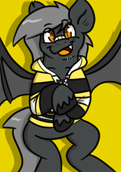 Size: 700x1000 | Tagged: safe, artist:tranzmuteproductions, oc, oc only, oc:tranzmute, bat pony, pony, :d, bandaid, bandaid on nose, bat pony oc, bat wings, eye clipping through hair, male, open mouth, open smile, simple background, smiling, solo, spread wings, stallion, unshorn fetlocks, wings, yellow background