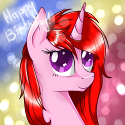 Size: 1024x1024 | Tagged: safe, artist:herusann, oc, oc only, pony, unicorn, abstract background, bust, female, happy birthday, horn, mare, smiling, solo, unicorn oc