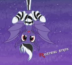 Size: 3388x3058 | Tagged: safe, artist:lightning stripe, derpibooru exclusive, oc, oc only, oc:lightning stripe, bat pony, pony, bat ponified, bat wings, black and white mane, clothes, cross-eyed, cute, fangs, female, frightning stripe, high res, makeup, mare, night, night sky, open mouth, purple, purple coat, race swap, red eyes, show accurate, silly, simple background, sky, smiling, socks, solo, striped socks, tail, teeth, text, two toned mane, two toned tail, upside down, wings
