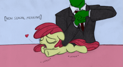 Size: 1023x556 | Tagged: safe, artist:lockerobster, color edit, edit, apple bloom, oc, oc:anon, earth pony, pony, g4, black and white, colored, descriptive noise, female, filly, grayscale, heart, massage, meme, moaning, moaning in pleasure, monochrome, traditional art