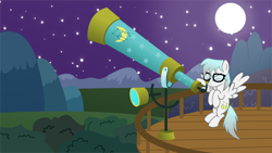 Size: 5000x2813 | Tagged: safe, artist:kaitykat117, oc, oc only, oc:stellar drift(kaitykat), pony, balcony, base used, glasses, high res, moon, mountain, night, solo, stars, telescope, vector