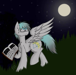 Size: 606x600 | Tagged: safe, artist:feather_bloom, oc, oc only, oc:stellar drift(kaitykat), pegasus, pony, belly fluff, book, chest fluff, constellation, ear fluff, full moon, glasses, looking up, moon, night, night sky, no pupils, old art, sky, solo, spread wings, stars, wings