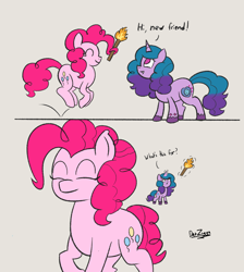 Size: 2758x3072 | Tagged: safe, artist:datzigga, izzy moonbow, pinkie pie, earth pony, pony, unicorn, g4, g5, my little pony: a new generation, bittersweet, comic, crossover, dialogue, duo, duo female, eyes closed, feels, female, g4 to g5, hi new friend, high res, izzy and her heroine, mare, passing the torch, prehensile mane, pronking, pun, smiling, the new pinkie pie, torch, visual pun