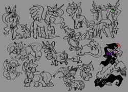 Size: 1857x1339 | Tagged: safe, artist:rockin_candies, applejack, discord, king sombra, pinkie pie, princess celestia, princess luna, queen chrysalis, rarity, trixie, twilight sparkle, alicorn, changeling, changeling queen, draconequus, earth pony, pony, unicorn, g4, applejack's hat, cape, clothes, cowboy hat, curved horn, female, gray background, hat, hay stalk, horn, horns, jewelry, leonine tail, male, regalia, simple background, sketch, smiling, spread wings, tail, tongue out, trixie's cape, trixie's hat, twilight sparkle (alicorn), wings