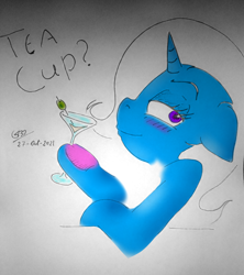 Size: 780x877 | Tagged: safe, artist:gafelpoez, trixie, pony, unicorn, g4, abstract background, alcohol, blushing, drunk, eyebrows, eyelashes, horn, looking at you, martini, photo, smiling, solo, text, traditional art