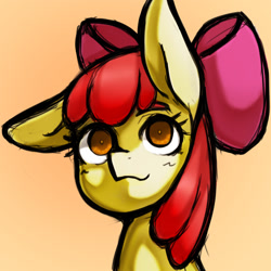 Size: 1323x1323 | Tagged: safe, artist:kyouman1010, apple bloom, earth pony, pony, g4, abstract background, bow, bust, cute, eyebrows, eyelashes, female, filly, hair bow, one ear down, portrait, simple background, solo