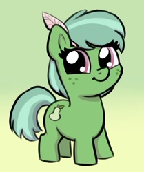 Size: 1257x1503 | Tagged: safe, artist:heretichesh, oc, oc only, oc:quillpear, earth pony, pony, cute, feather in hair, female, filly, freckles, gradient background, looking at you, ocbetes, smiling, smiling at you, solo