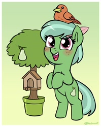 Size: 1354x1700 | Tagged: safe, artist:heretichesh, oc, oc only, oc:quillpear, bird, earth pony, pony, bipedal, bird house, bird on head, blushing, cute, feather, feather in hair, food, freckles, gradient background, ocbetes, open mouth, open smile, pear, pear tree, potted plant, rearing, smiling, solo, tree
