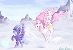 Size: 1315x894 | Tagged: safe, artist:naivenonsense, princess celestia, princess luna, alicorn, pony, g4, cewestia, duo, female, filly, glowing, glowing horn, horn, mountain, pink-mane celestia, playing, royal sisters, s1 luna, siblings, signature, sisters, snow, ultimate battle, woona, younger