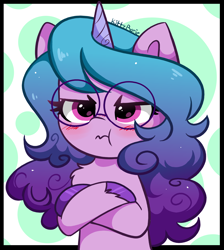 Size: 2702x3016 | Tagged: safe, artist:kittyrosie, izzy moonbow, pony, unicorn, g5, my little pony: a new generation, :t, angry, blushing, chest fluff, crossed hooves, cute, female, glasses, grumpy, high res, izzy moodbow, izzybetes, madorable, mare, scrunchy face, solo