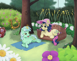 Size: 2500x1993 | Tagged: safe, artist:haretrinity, bon bon, lyra heartstrings, sweetie drops, earth pony, pony, unicorn, blanket, female, flower, garden, glowing, glowing horn, grass, grass field, hat, high res, horn, lesbian, looking at each other, lying down, lyrabon, lyre, magic, magic aura, mare, musical instrument, open mouth, open smile, prone, shipping, smiling, smiling at each other, sun hat, swing, telekinesis, tree