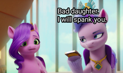 Size: 1350x804 | Tagged: safe, edit, edited screencap, screencap, pipp petals, queen haven, pegasus, pony, g5, my little pony: a new generation, spoiler:my little pony: a new generation, female, implied spanking, mare, phone, this will end in tears