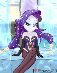 Size: 1075x1366 | Tagged: safe, alternate version, artist:tabrony23, rarity, equestria girls, g4, bare shoulders, beautiful, bedroom eyes, clothes, cosplay, costume, eyeshadow, female, genshin impact, gloves, high heels, leotard, long gloves, looking at you, magic, makeup, mona (genshin impact), pantyhose, patreon, patreon logo, shoes, show accurate, sleeveless, slimes (genshin impact), smiling, smiling at you, smirk, solo, strapless, water