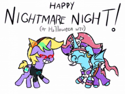 Size: 833x625 | Tagged: safe, artist:iceflower99, oc, oc only, oc:buggy brush, oc:darky spell, daemonequus, original species, animated, clothes, costume, eyes closed, gif, halloween, holiday, homestuck, nightmare night, risky boots, shantae, terezi pyrope
