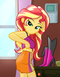 Size: 880x1125 | Tagged: safe, artist:tabrony23, sunset shimmer, equestria girls, ass, bare shoulders, bedroom eyes, boots, breasts, bunset shimmer, busty sunset shimmer, butt, clothes, female, high heel boots, looking at you, looking back, looking back at you, looking over shoulder, patreon, patreon logo, sexy, shoes, show accurate, skirt, sleeveless, smiling, solo, stupid sexy sunset shimmer, undressing, window