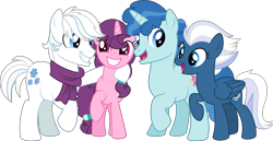 Size: 8280x4288 | Tagged: safe, artist:starcollider, double diamond, night glider, party favor, sugar belle, earth pony, pegasus, pony, unicorn, g4, .svg available, absurd resolution, clothes, equal four, female, group, happy birthday mlp:fim, looking at each other, male, mare, mlp fim's eleventh anniversary, open mouth, open smile, quartet, raised hoof, scarf, simple background, smiling, smiling at each other, stallion, transparent background, vector