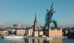 Size: 2277x1329 | Tagged: safe, artist:3luk, artist:theotterpony, queen chrysalis, changeling, changeling queen, g4, female, giantess, highrise ponies, irl, macro, photo, solo, stockholm, story included, sweden