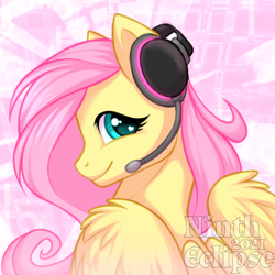Size: 1000x1000 | Tagged: safe, artist:nintheclipse, fluttershy, pegasus, pony, g4, abstract background, bust, cute, female, gamer fluttershy, gamershy, headset, heart eyes, looking at you, looking back, looking back at you, mare, portrait, profile picture, shyabetes, smiling, smiling at you, solo, wingding eyes